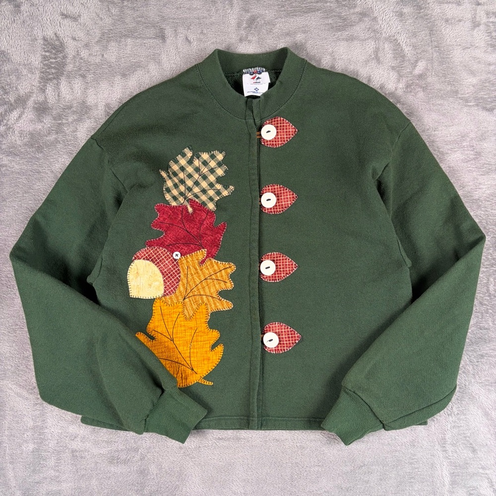 Vintage 90s Jerzees Cardigan Sweatshirt Womens M Green Patchwork Grandmacore USA